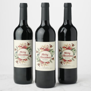 Vintage Rustic Floral Merry Christmas Ivory Wine Label