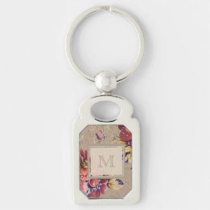 Vintage Rustic Floral Monogram Key Ring
