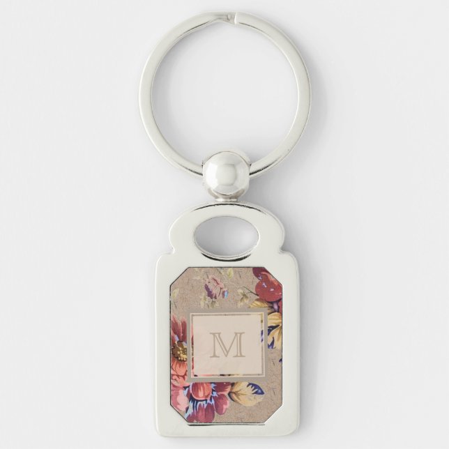 Vintage Rustic Floral Monogram Key Ring (Front)