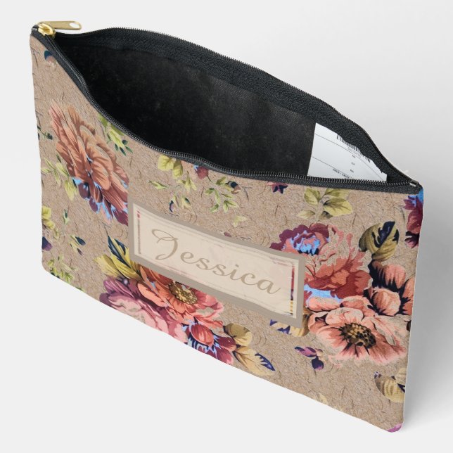 Vintage Rustic Floral Personalised Accessory Pouch (Open)
