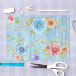 Vintage rustic floral watercolor country blue wood tissue paper