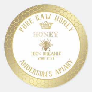 Vintage rustic gold bee crown honey comb honey jar classic round sticker
