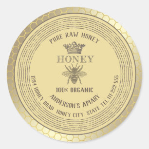 Vintage rustic gold bee crown honey comb honey jar classic round sticker