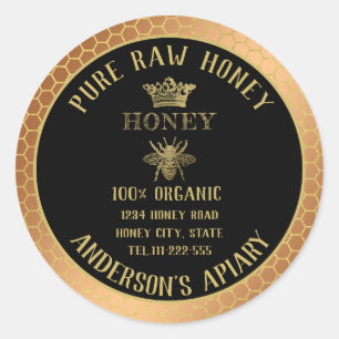 Vintage rustic gold bee crown honey comb honey jar classic round sticker