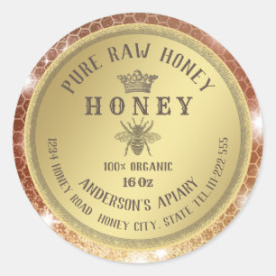 Vintage rustic gold bee crown honey comb honey jar classic round sticker