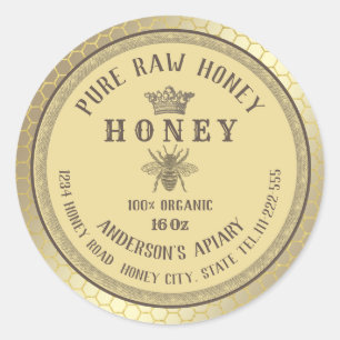 Vintage rustic gold bee crown honey comb honey jar classic round sticker