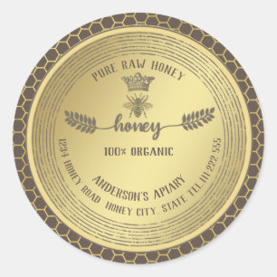 Vintage rustic gold bee crown honey comb honey jar classic round sticker