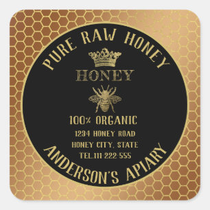 Vintage rustic gold bee crown honey comb honey jar square sticker