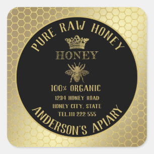 Vintage rustic gold bee crown honey comb honey jar square sticker