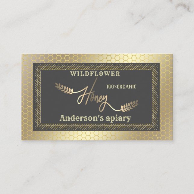Vintage rustic gold calligraphy honey branch business card (Front)