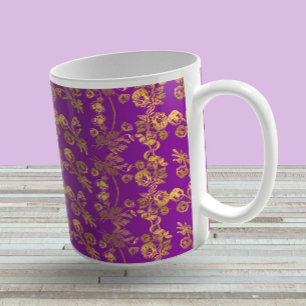 Vintage rustic Gold damask swirl pattern on purple Coffee Mug