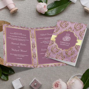 Vintage Rustic Gold Lavender Damask Muslim Wedding Invitation