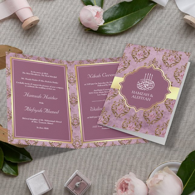 Vintage Rustic Gold Lavender Damask Muslim Wedding Invitation (Creator Uploaded)
