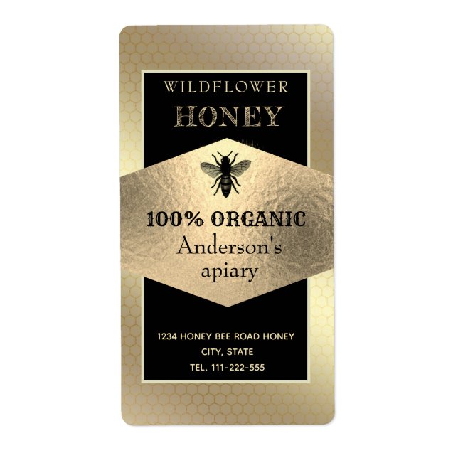 Vintage rustic gold logo queen bee honey jar (Front)