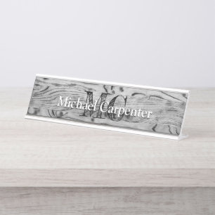 Vintage rustic gray black burnt wood Monogram Desk Name Plate