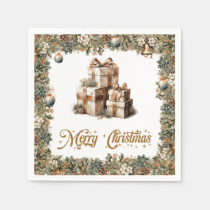 Vintage rustic green and gold Christmas presents Napkin