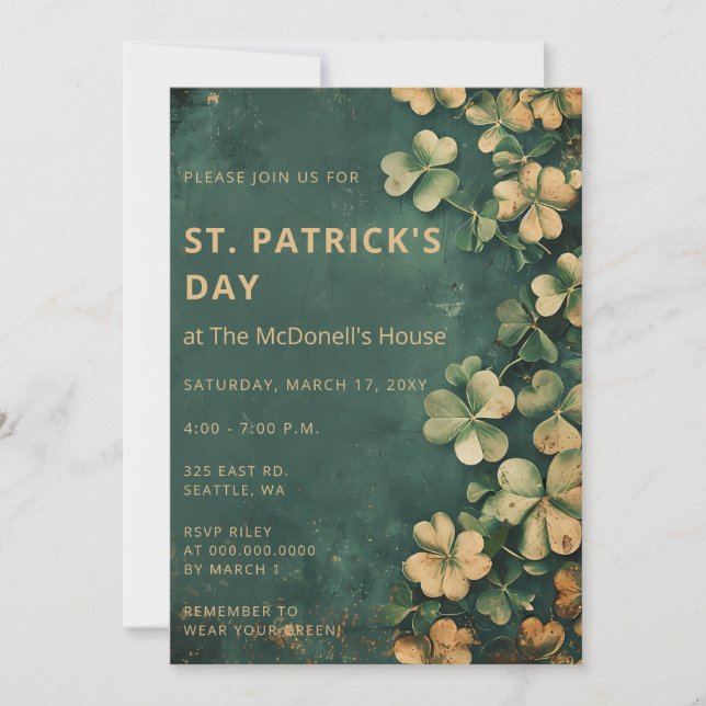 Vintage Rustic Green Gold Shamrock St Patricks Day Invitation (Front)