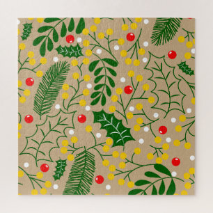 Vintage Rustic Greenery Holly Berry Christmas Jigsaw Puzzle