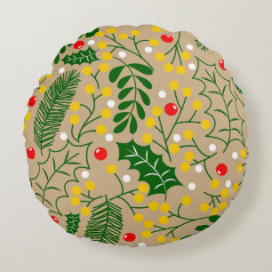 Vintage Rustic Greenery Holly Berry Christmas Round Cushion