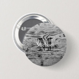 Vintage rustic grey black burnt wood Monogram 6 Cm Round Badge