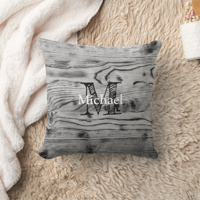 Vintage rustic grey black burnt wood Monogram Cushion (Blanket)