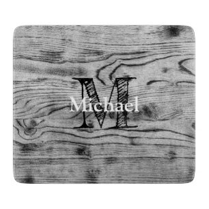 Vintage rustic grey black burnt wood Monogram Cutting Board