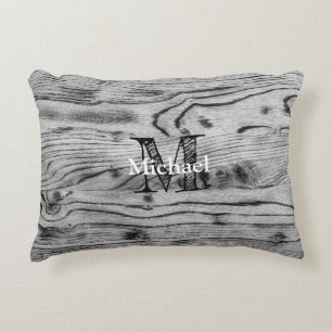 Vintage rustic grey black burnt wood Monogram Decorative Cushion