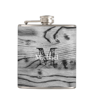 Vintage rustic grey black burnt wood Monogram Hip Flask