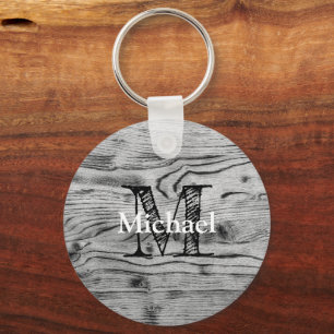 Vintage rustic grey black burnt wood Monogram Key Ring