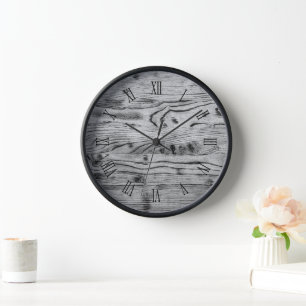 Vintage rustic grey black burnt wood Roman numbers Clock