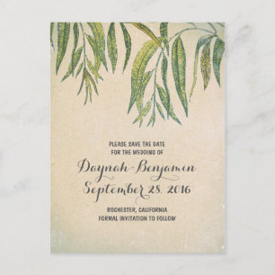 Vintage rustic gum tree leaf save the date announcement postcard