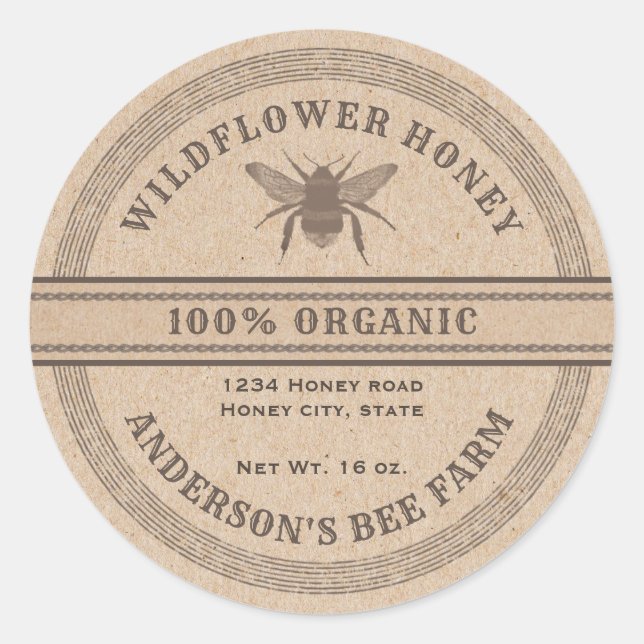 Vintage rustic Kraft bee  honey jar label (Front)