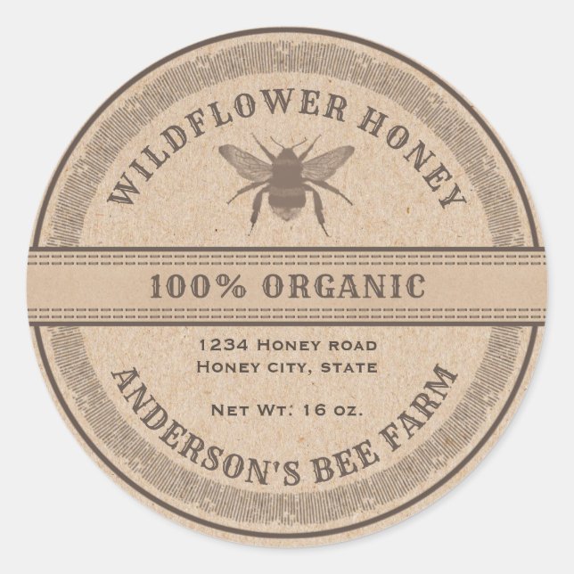Vintage rustic Kraft bee  honey jar label (Front)