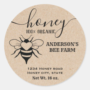 Vintage rustic Kraft bee logo script honey jar Classic Round Sticker