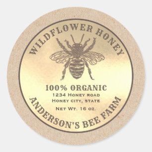 Vintage rustic Kraft gold bee honey jar label