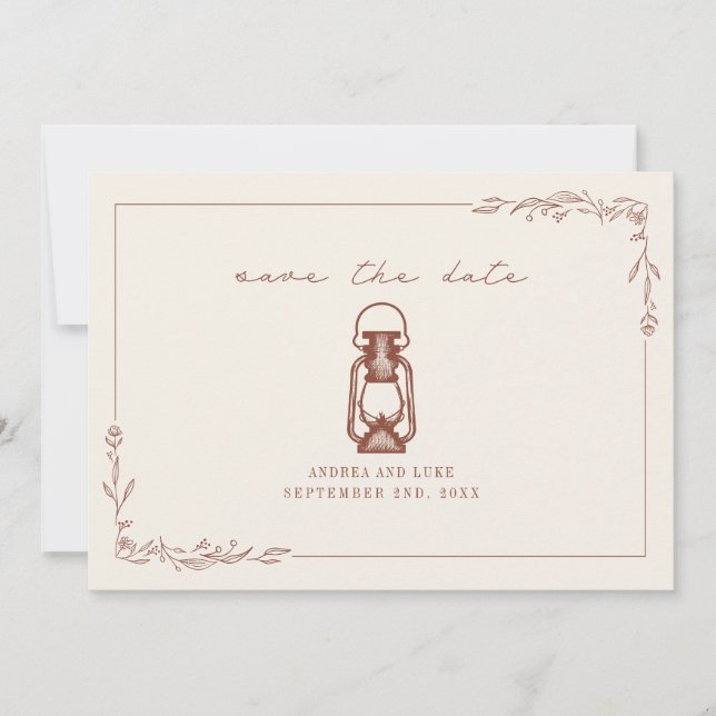 Vintage Rustic Lantern Terracotta Wedding Save The Date (Front)