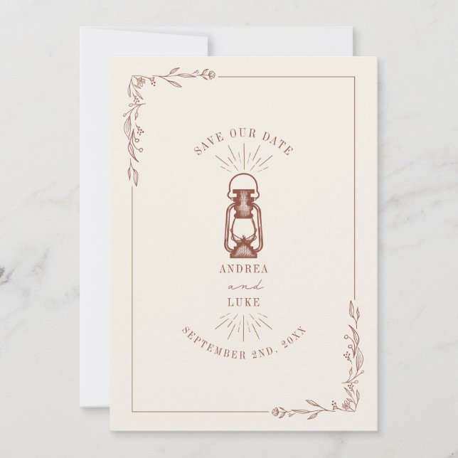 Vintage Rustic Lantern Terracotta Wedding Save The Date (Front)