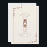 Vintage Rustic Lantern Terracotta Wedding Save The Date<br><div class="desc">Terracotta rust colour illustration of vintage oil lantern with line art botanical border.  Background is off white.</div>