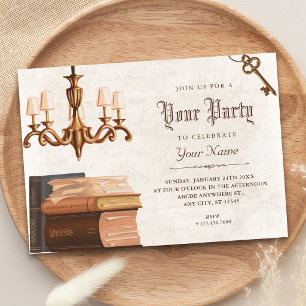 Vintage rustic library book invitation