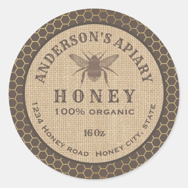 Vintage rustic linen bee honey comb honey jar classic round sticker (Front)