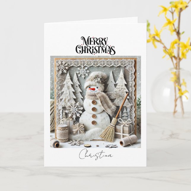 Vintage Rustic Merry Christmas Snowman  Card (Yellow Flower)