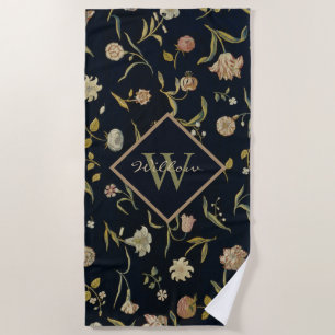 Vintage Rustic Monogram Floral Rug Pattern Beach Towel