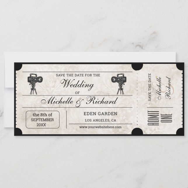 Vintage Rustic Movie Ticket Save the Date Invitation (Front)