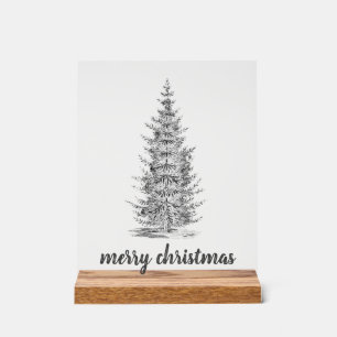 Vintage rustic neutral spruce merry christmas tree acrylic sign