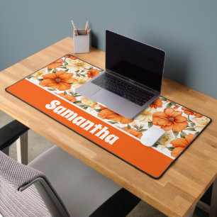 Vintage Rustic Orange Autumn Flowers Pattern Desk Mat