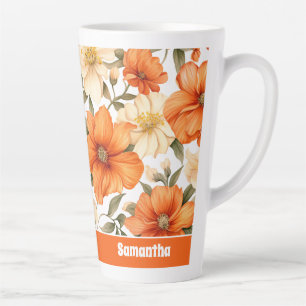 Vintage Rustic Orange Autumn Flowers Pattern Latte Mug