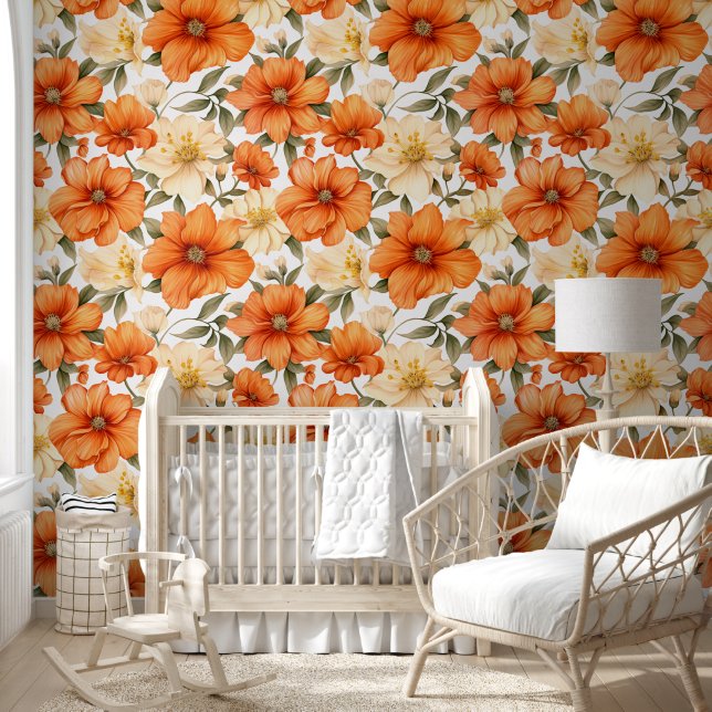 Vintage Rustic Orange Autumn Flowers Pattern Wallpaper (Kids)
