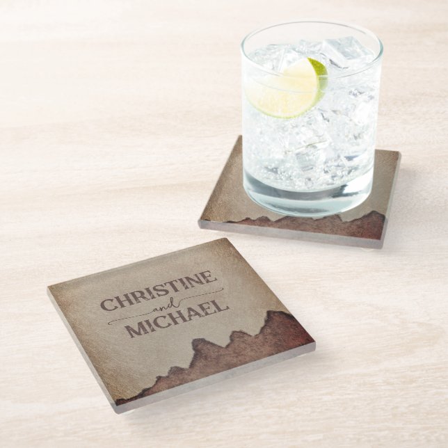Vintage rustic paper brown mountains wedding glass coaster (Angled)