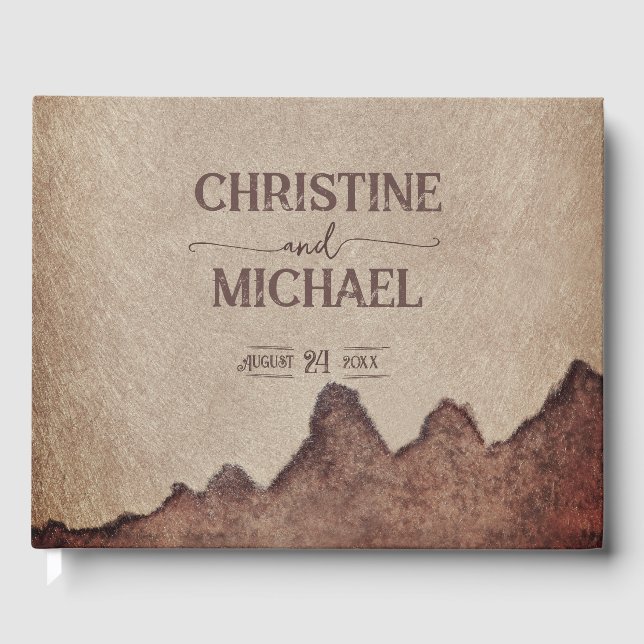 Vintage rustic paper brown mountains wedding guest book (Front)