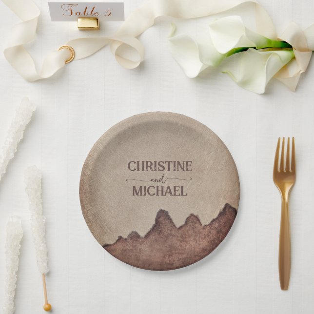 Vintage rustic paper brown mountains wedding plate (Wedding)